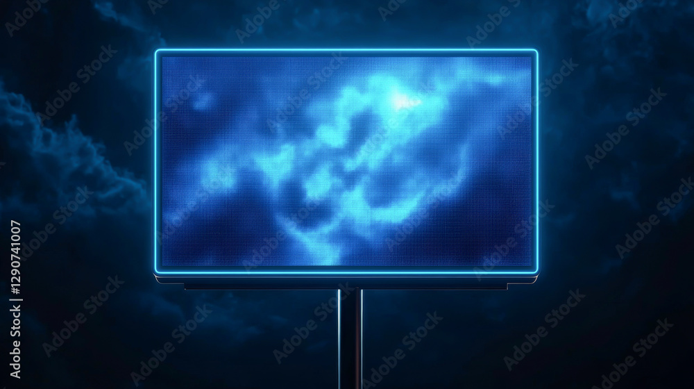Poster futuristic digital screen displaying animated blue visual effects in dark space.