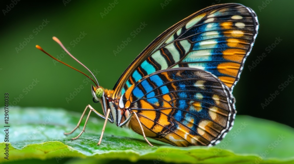 Fototapete a macro photograph of a butterfly resting on a leaf, with its colorful wings spread wide, emphasizin