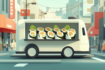 Naklejka premium A 3D illustration of a sushi food truck with rolls of sushi visible in the open window, set against a city street background.