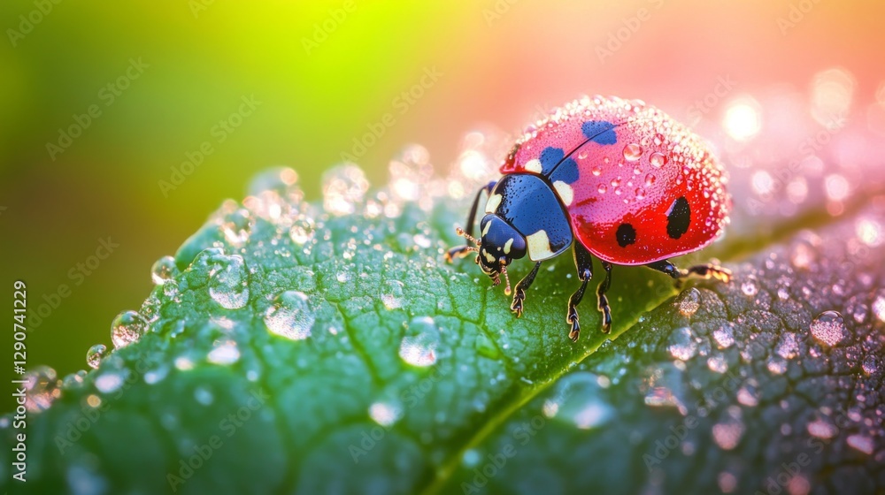 Poster a macro shot of a colorful ladybug resting on a dewy leaf, with droplets of water glistening in the 