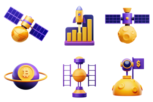 Colorful 3D Icons of Space, Bitcoin, Rocket, Satellite, and Data Chart Concepts - Powered by Adobe