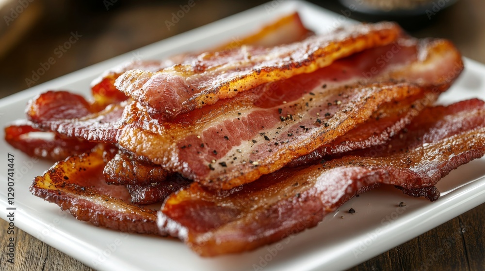 Poster a minimalist image of several strips of bacon stacked on a white plate, with a sprinkle of black pep