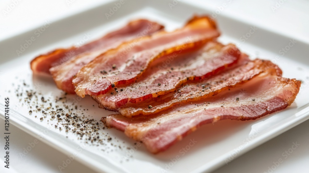 Poster a minimalist image of several strips of bacon stacked on a white plate, with a sprinkle of black pep