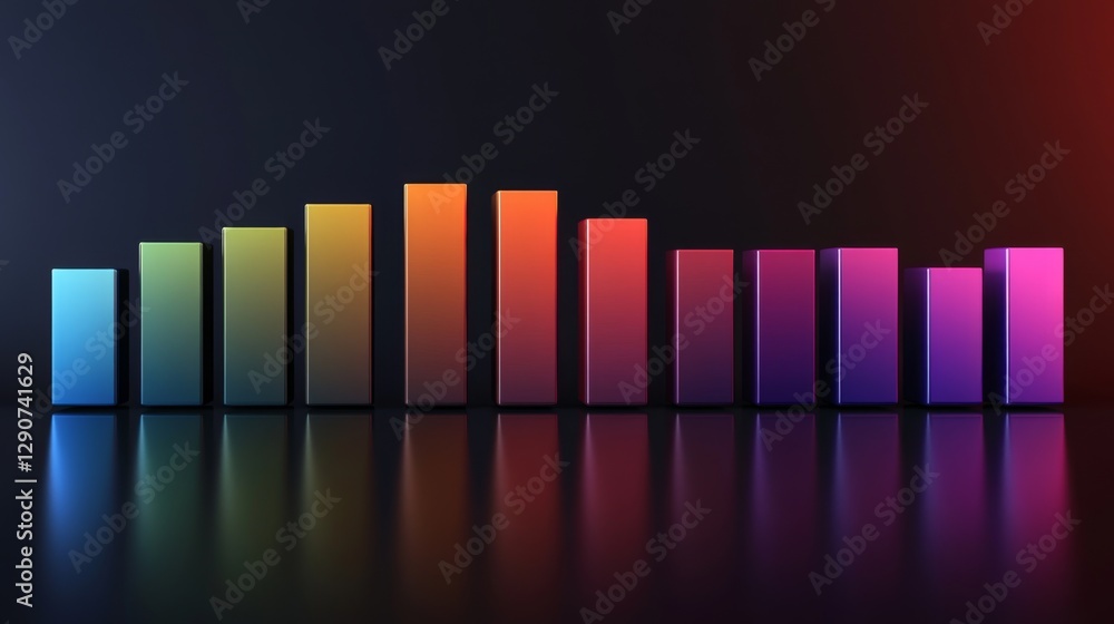 Poster a modern d bar graph in vibrant colors on a dark gradient background, with reflections and shadows e