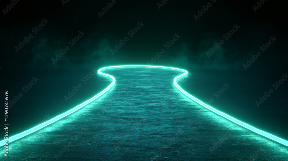 Poster futuristic illuminated pathway with glowing edges in a dark environment.