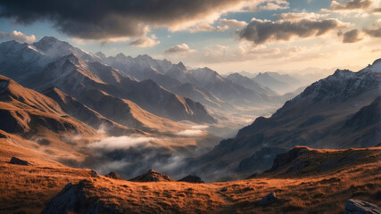 Naklejka premium A landscape photograph capturing a breathtaking aerial view of a mountainous region enveloped in clouds, with soft and diffused lighting, creating a serene and tranquil atmosphere