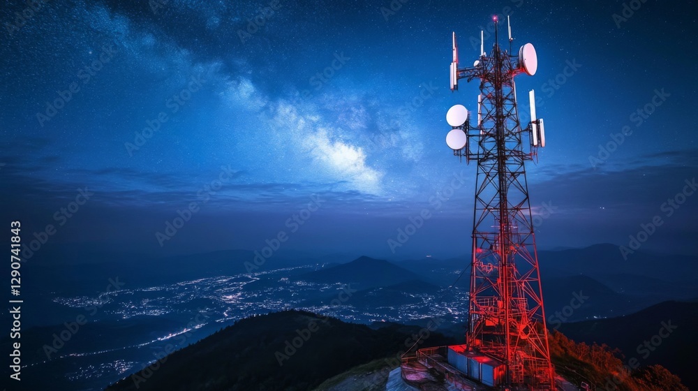 Aufkleber a nighttime shot of a telecommunications tower illuminated by soft lights, with stars twinkling in t