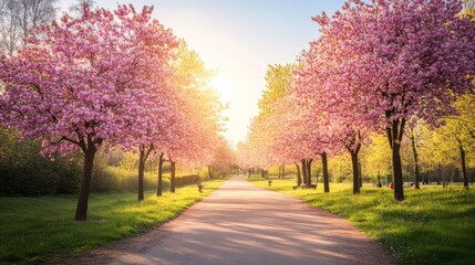 Naklejka premium A panoramic view of a cherry blossom park during peak bloom, with pathways lined by blooming trees and soft sunlight filtering through the branches, inviting visitors