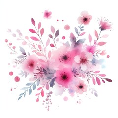 Watercolor floral arrangement with pink and purple flowers, leaves, paint splashes on white background for design and print