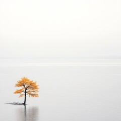 Bright autumn tree standing alone in calm still water