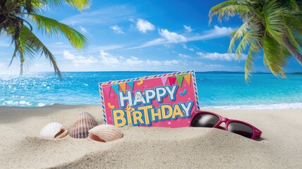 Vibrant Beach Birthday Celebration with Sunglasses and Seashells