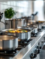 Cooking in a modern kitchen with stainless steel pots