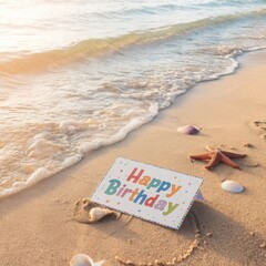 Colorful Birthday Card on Tropical Beach with Seashells and Waves