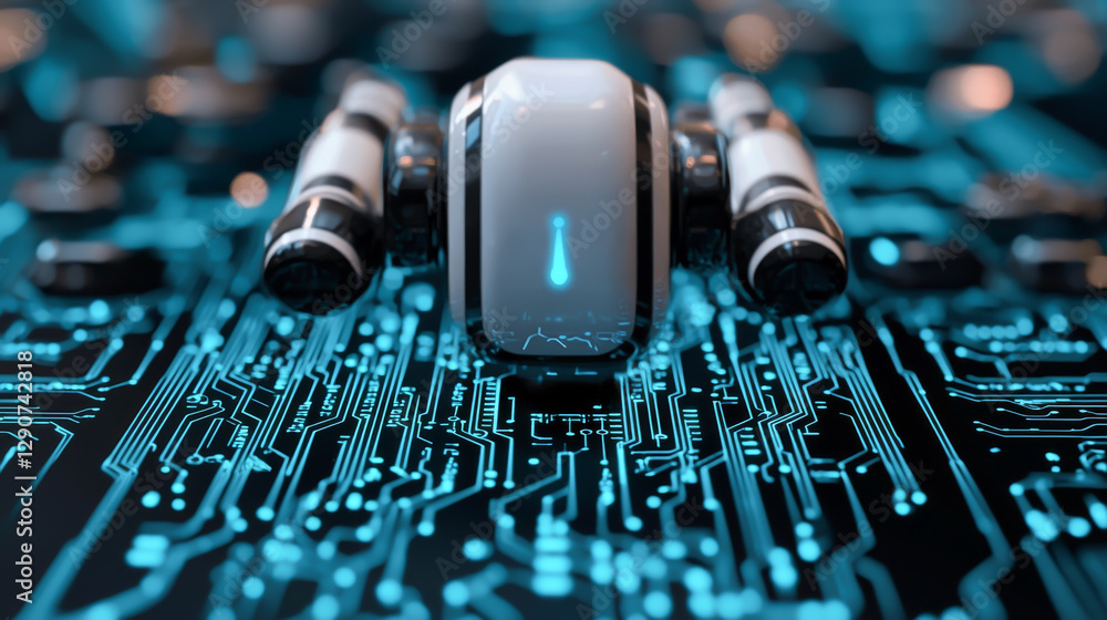 Poster futuristic robot on a circuit board, symbolizing advanced technology and innovation.