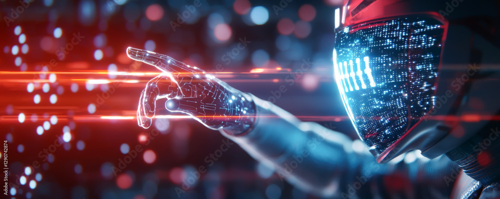 Poster futuristic robot pointing into a digital world with neon lights and advanced technology.