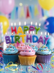 Joyful Birthday Scene with Colorful Cupcakes and Festive Decor