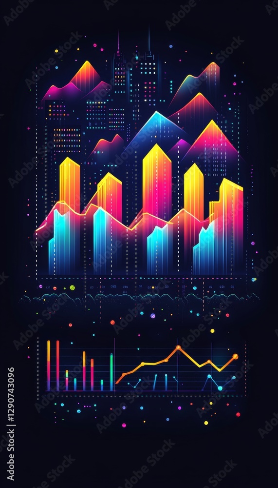 Poster abstract data visualization with bar graph and line chart. gradient blue, yellow, pink on dark