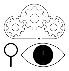 Cloud gears symbolize teamwork and workflow, magnifying glass for search, eye with clock for time management. Ideal for innovation, strategy, analysis, productivity, efficiency, planning abstract