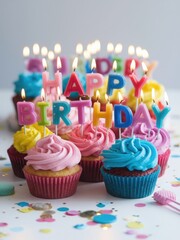 Colorful Cupcakes with Happy Birthday Candles for Celebration