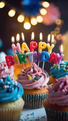 Colorful Birthday Cupcakes with Candles and Cheerful Decorations