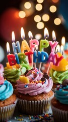 Colorful Cupcakes with Happy Birthday Candles Against Bokeh Background
