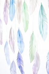 Colorful Pastel Feathers Hanging Against White Background in Soft Light
