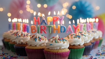 Colorful Birthday Cupcakes with Candles and Decorations on Table