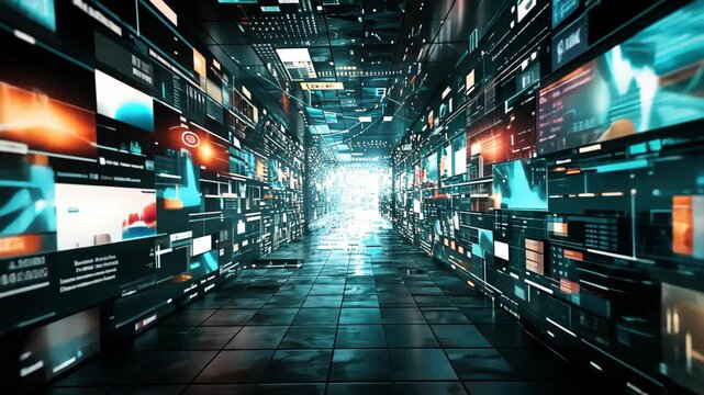A digital corridor displays a multitude of screens, creating a vibrant environment filled with colorful media and blinking lights