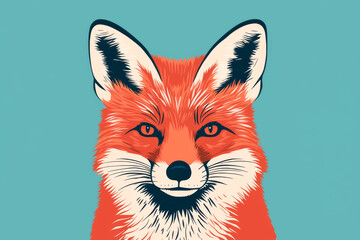 Fototapeta premium Illustration of a vibrant fox face with detailed features on a teal background.