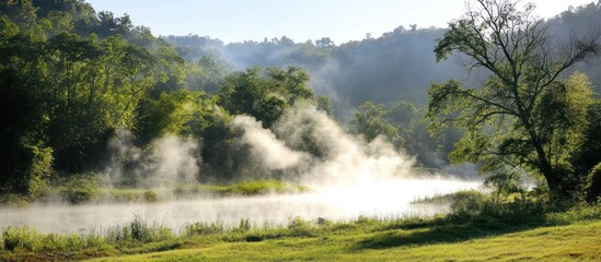 Misty morning river, green hills, tranquil scene. Peaceful nature background