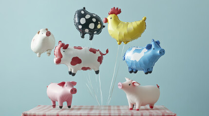 Colorful helium balloons shaped like animals create playful atmosphere. Featuring cows, pigs, and chicken, these whimsical decorations are perfect for parties
