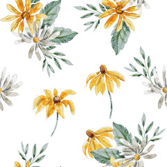 White and Yellow Watercolor Aster Seamless Pattern
