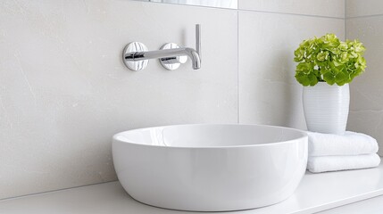 Fototapeta premium Modern white ceramic vessel sink with a wall-mounted chrome faucet in a bright, minimalist bathroom.