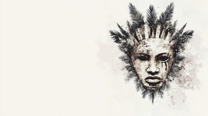 Fototapeta premium Artwork depicting an indigenous mask adorned with tropical foliage