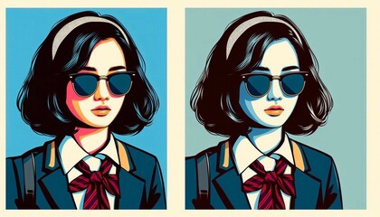 Avatar of a girl in sunglasses, high school student, minimalism, pop art or anime.