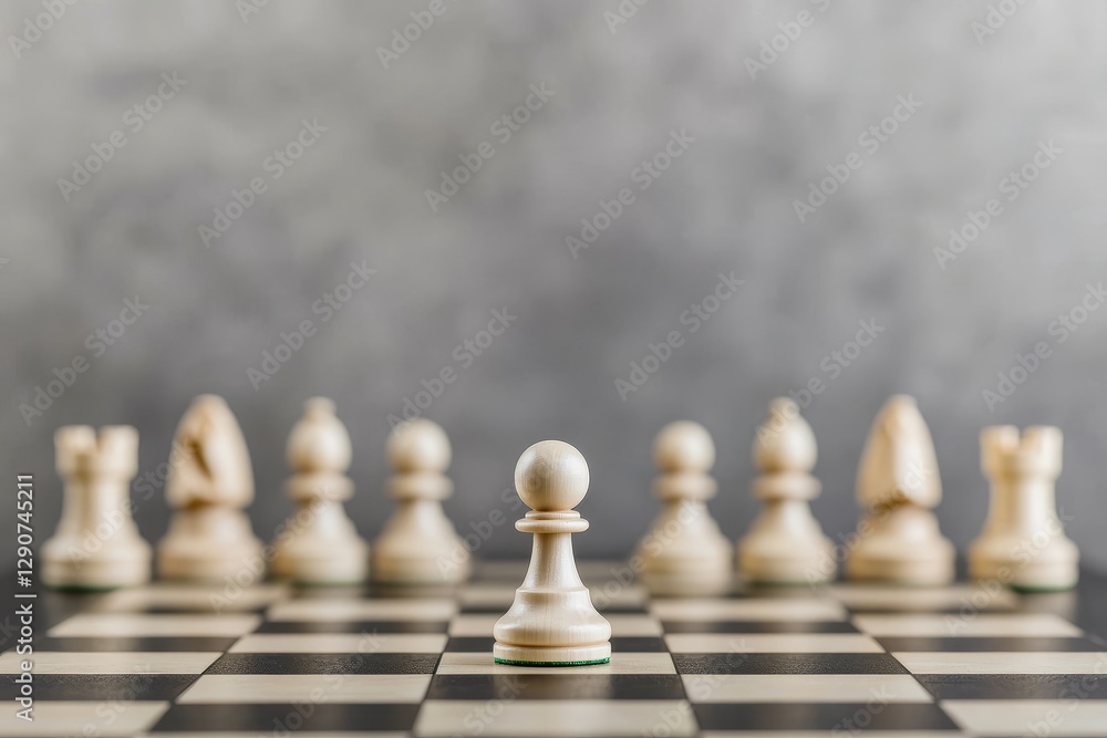 Poster chess pawn in focus with blurred pieces in the background on a checkered board.