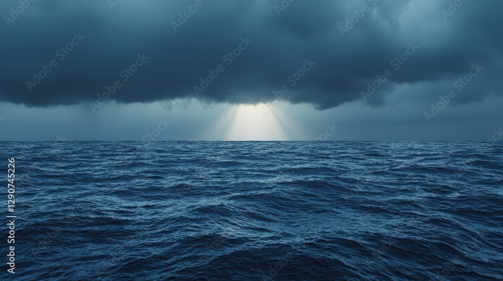 Poster dark clouds over a calm ocean with rays of light breaking through.