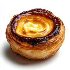 Close-up of a Portuguese pastel de nata, captured with clarity and precision, set against a white background for easy integration into designs, showcasing its caramelized top and creamy filling