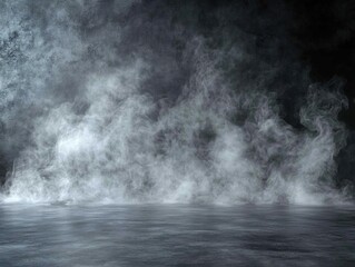 Fototapeta premium Ethereal Smoke Rises Above Dark Surface, Moody Atmosphere, Abstract Background, Grey Mist, Fog Effect, Mysterious Scene, Vapor Texture, Digital Art, Fantasy Setting, Film Grain Effect.