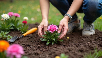 Fototapeta premium A gardener’s hands gently placing fresh flowers into the soil, symbolizing renewal, growth, and the beauty of spring gardening.