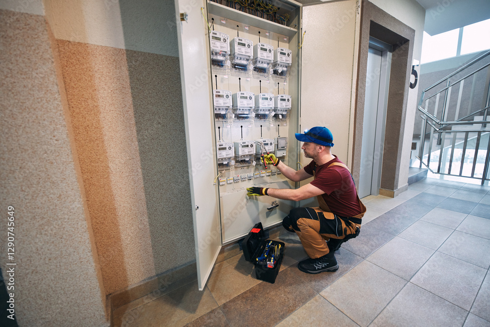 Wall mural Electrician working on a modern electricity power meter station in a building.