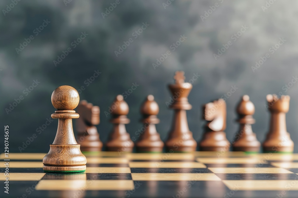 Poster a close-up of a chess pawn with other pieces in the background on a checkered board.