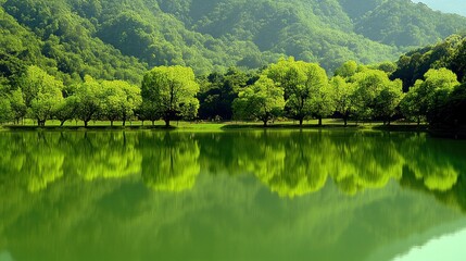 Obraz premium Serene lake reflection, lush green trees, mountain backdrop, peaceful nature scene, ideal for travel brochures