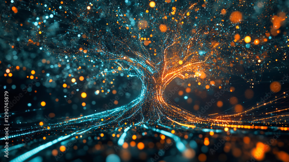 Poster a stylized tree composed of interconnected lines and nodes, resembling a neural network or data visu