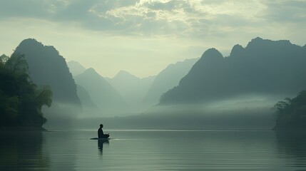 Calm Meditative Person on Lake in Mountains