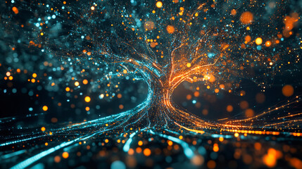 Fototapeta premium A stylized tree composed of interconnected lines and nodes, resembling a neural network or data visualization