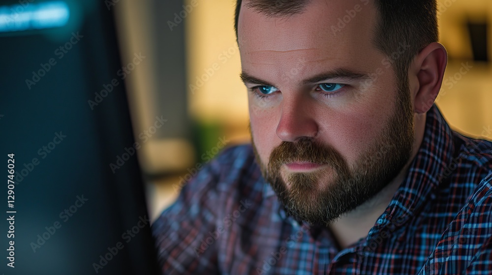 Poster focused programmer man working late night serious computer screen blue eyes beard developer coding p