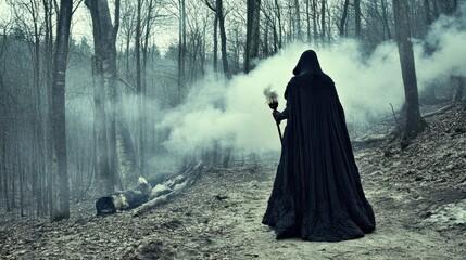 Naklejka premium Hooded figure in dark forest, mystical smoke, path, winter, fantasy illustration