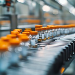 Fototapeta premium Close-up of Medical Glass Vials with Orange Caps on Conveyor Belt. Vaccine Production Facility. Medication Manufacturing Process. Medical Ampoule Production Line at Modern Pharmaceutical Factory. 