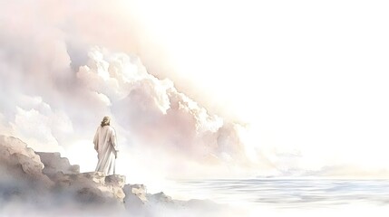 Powerful storm raging over a vast rolling ocean depicted in a watercolor style with soft earth tones and gentle brushstrokes blending seamlessly